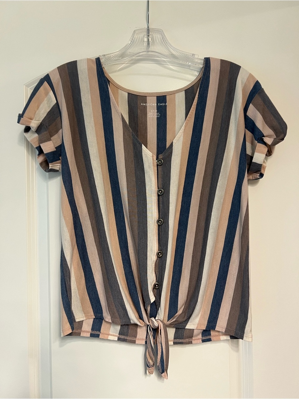 American Eagle Outfitters Striped Button Tie-Front V-Neck Top - Blue, Tan, Mauve